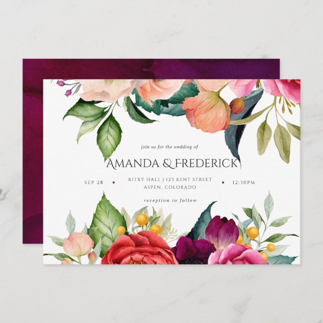 Invitación Watercolor Boho Boda Floral (Anverso / Reverso)