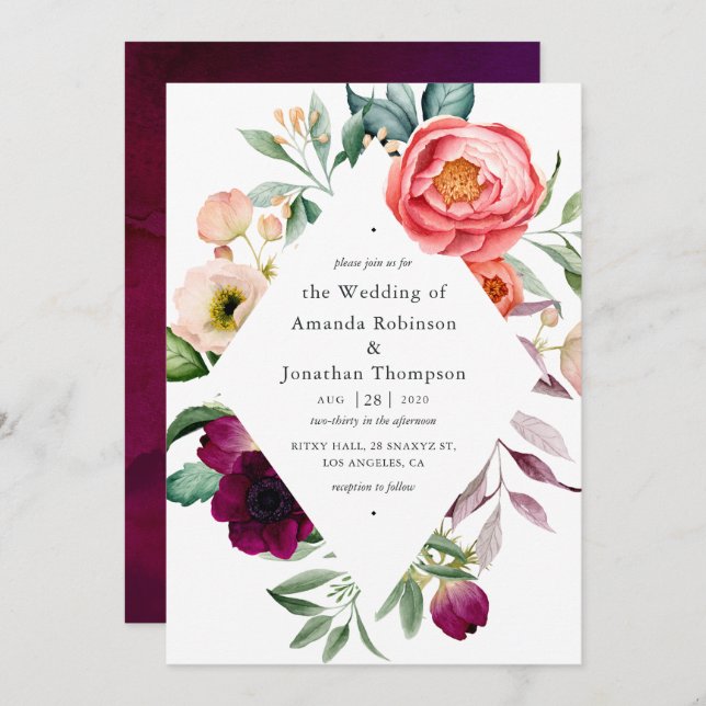 Invitación Watercolor Boho Boda Floral (Anverso / Reverso)