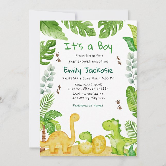 Invitación Watercolor Boho Dinosaur Greenery Boy Baby Shower  (Anverso)
