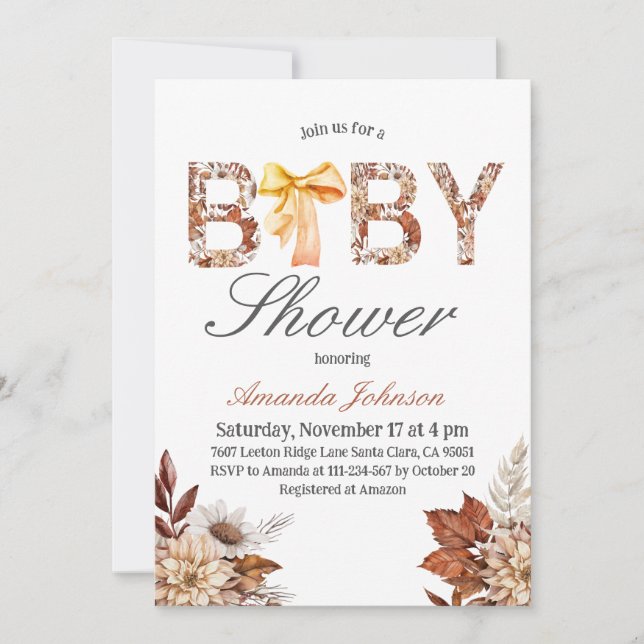 Invitación Watercolor Boho Fall Floral Bow Baby Shower (Anverso)