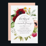 Invitación Watercolor Boho Floral Bat Mitzvah<br><div class="desc">Invitación de mitzvah de murciélago floral boho con flores de peonía y anémona,  vegetación y plumas en acentos de ciruela borgoña y personalizable rosa rubí a sus detalles.</div>