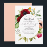Invitación Watercolor Boho Floral Bat Mitzvah<br><div class="desc">Invitación de mitzvah de murciélago floral boho con flores de peonía y anémona,  vegetación y plumas en acentos de ciruela borgoña y personalizable rosa rubí a sus detalles.</div>