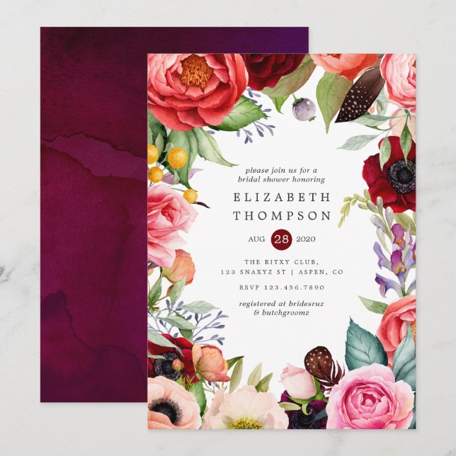 Invitación Watercolor Boho Floral Bridal Shower (Anverso / Reverso)
