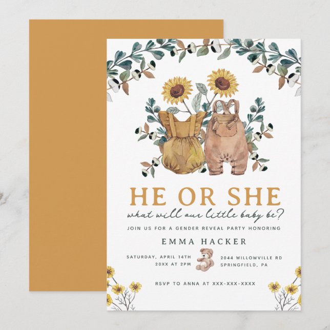 Invitación Watercolor Boho Floral Gender Revuelta Fiesta (Anverso / Reverso)
