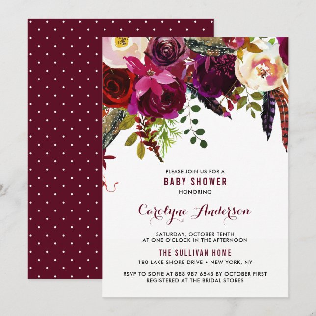 Invitación Watercolor Boho Floral Otoño Baby Shower (Anverso / Reverso)