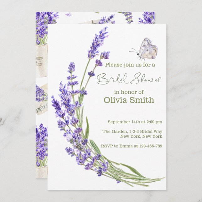 Invitación Watercolor Boho Lavender Bridal Shower (Anverso / Reverso)