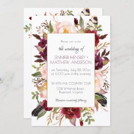 Invitación Watercolor Boho Marsala Rosas rojo Borgoña |