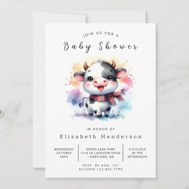 Invitación Watercolor Boho Moda Cow Baby Shower (Anverso)