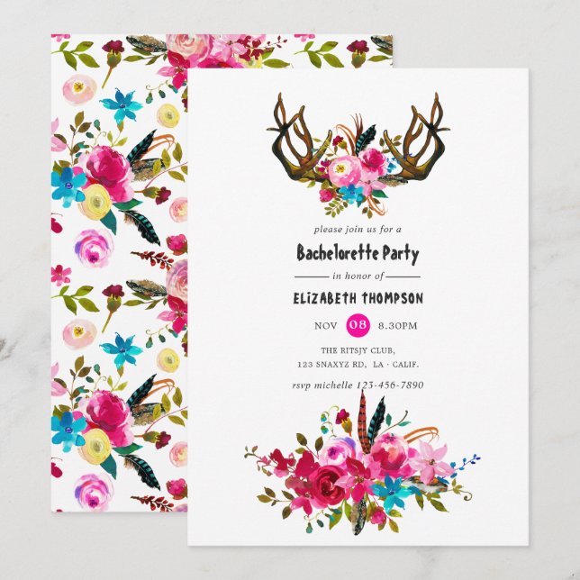 Invitación Watercolor Boho Moda Floral Bachelorette Party (Anverso / Reverso)
