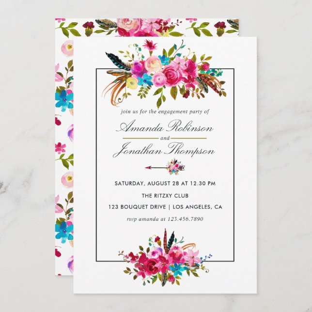Invitación Watercolor Boho Moda Partido de compromiso floral (Anverso / Reverso)