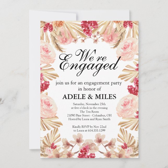 Invitación Watercolor Boho Pampas Grass Engagement Party (Anverso)
