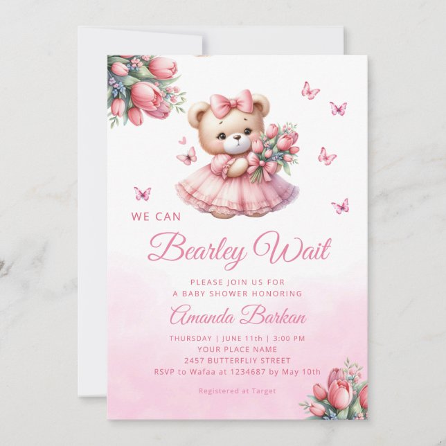 Invitación Watercolor Boho Pink Teddy Bear Chica Baby Shower (Anverso)