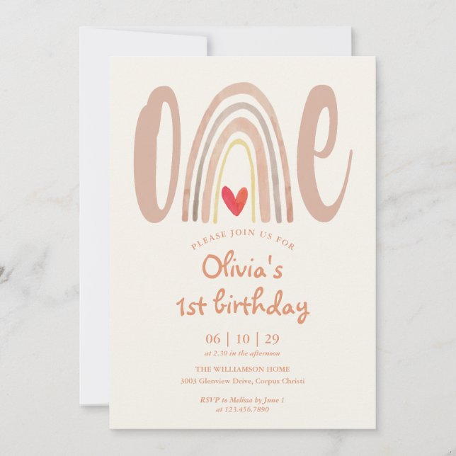 Invitación Watercolor Boho Rainbow Heart 1st Birthday (Anverso)