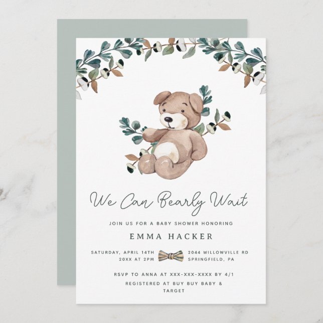 Invitación Watercolor Boho Teddy Bear Green Baby Shower (Anverso / Reverso)