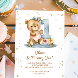 Invitación Watercolor Boho Teddy Bear Primer cumpleaños