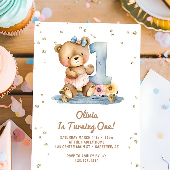 Invitación Watercolor Boho Teddy Bear Primer cumpleaños (Subido por el creador)