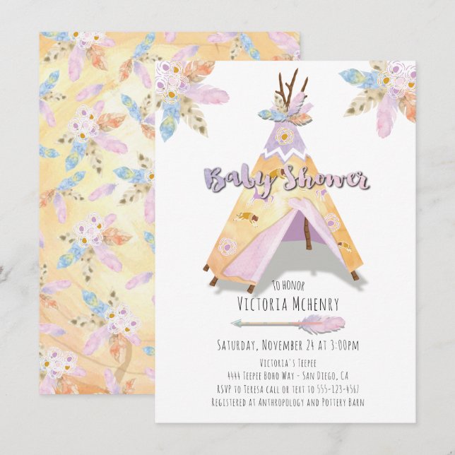 Invitación Watercolor Boho Tribal Baby Shower Rustic Teepee (Anverso / Reverso)
