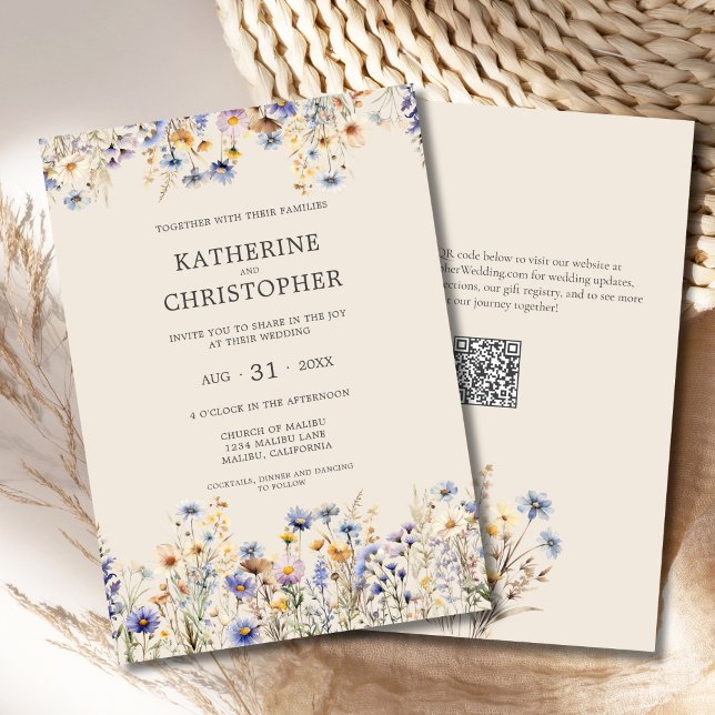 Invitación Watercolor BOHO Wildflower Elegante Boda Beige (BOHO Wildflowers Elegant Wedding Invitation with Purple, Blue, Yellow Wildflowers, QR Code, Beige.)