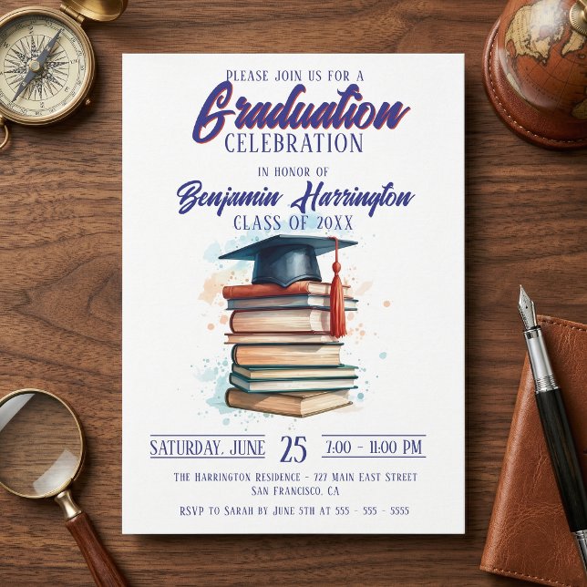 Invitación Watercolor Books and Cap Graduation Celebration (Subido por el creador)