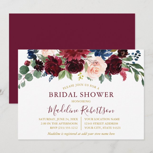 Invitación Watercolor Borgoña Floral Bridal Shower Gold (Anverso / Reverso)