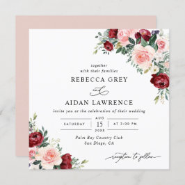 Invitación Watercolor Borgoña Rubor Floral Boda Square