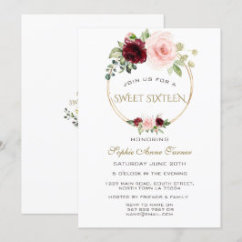 Invitación Watercolor Borgoña Rubor Floral Gold Sweet 16