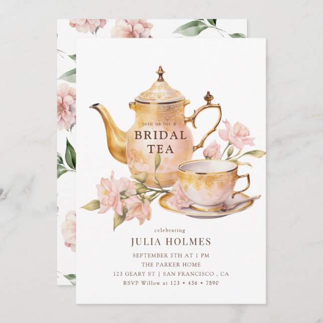 Invitación Watercolor  Botanical Bridal Tea Shower (Anverso / Reverso)