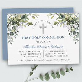 Invitación Watercolor Botanical Greenery Dusty Blue Communion