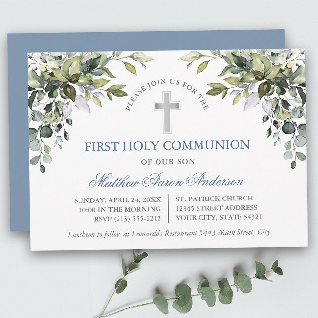 Invitación Watercolor Botanical Greenery Dusty Blue Communion (Customize to change text color, text style or color of back of card.)