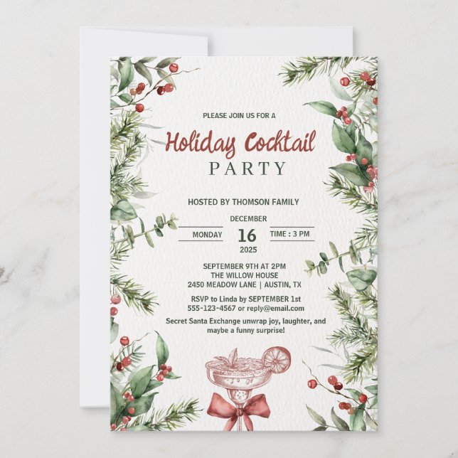 Invitación Watercolor Botanical Holiday Cocktail Party (Anverso)