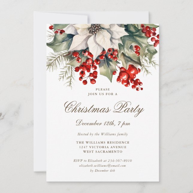 Invitación Watercolor Botanical Holly Berries Christmas Party (Anverso)