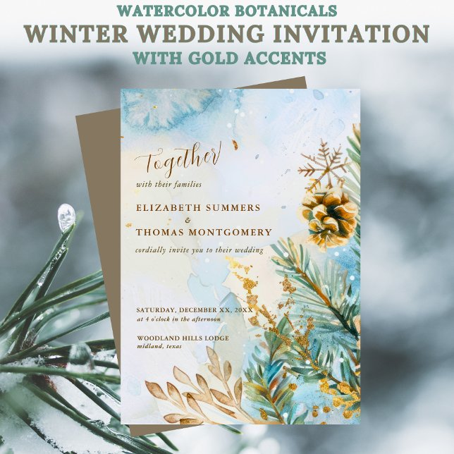Invitación Watercolor Botanicals Winter Wedding Gold Accents (Watercolor Botanicals Winter Wedding Invitation with Gold Accents)