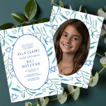 Invitación Watercolor Botánico Star Bar Bat Mitzvah Foto<br><div class="desc">¡Tarjeta perfecta para anunciar una mitzvah de murciélago, el bar mitzvah u otra celebración judía! Hand hizo arte acuarela por ti en la parte delantera y foto en la parte trasera! ¡TODO PERSONALIZABLE! Haz clic en "Personalizar" para editar el texto y añadir tu propia foto. Haga clic en "editar usando...</div>