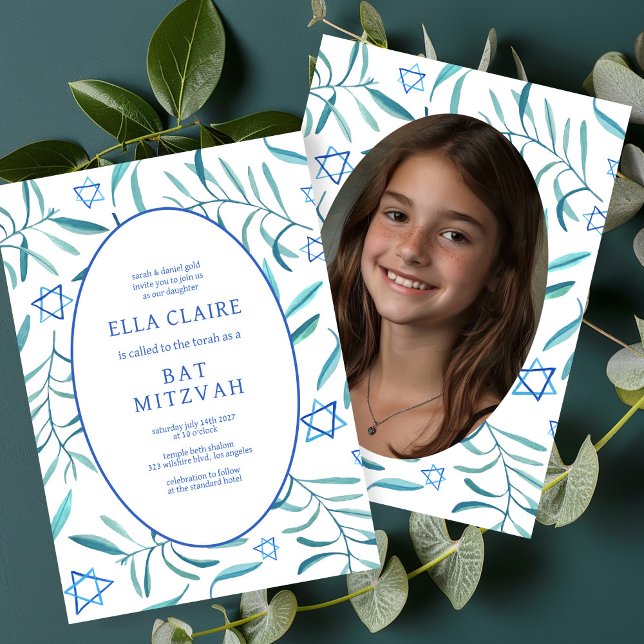 Invitación Watercolor Botánico Star Bar Bat Mitzvah Foto (Watercolor Botanical Star Bar Bat Mitzvah Custom Photo Invitation
)