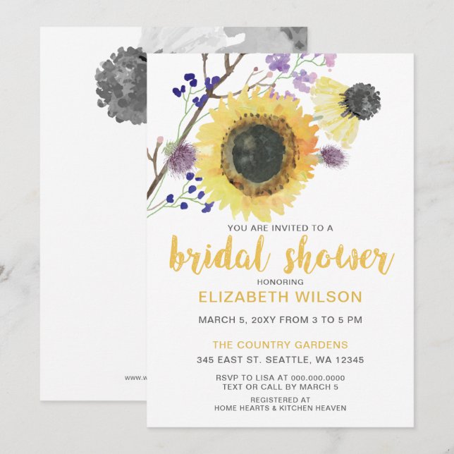 Invitación Watercolor Botánico Sunflowers Bridal Shower (Anverso / Reverso)