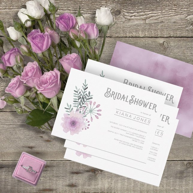 Invitación Watercolor Bouquet Bridal Shower Lilac ID654 (Front/Back In Situ)