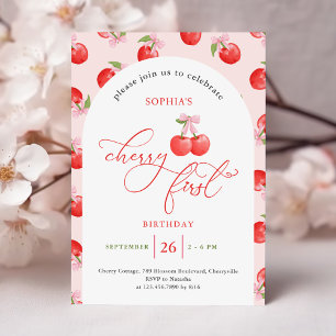 Invitación Watercolor Bow Cherry Primer Cumpleaños