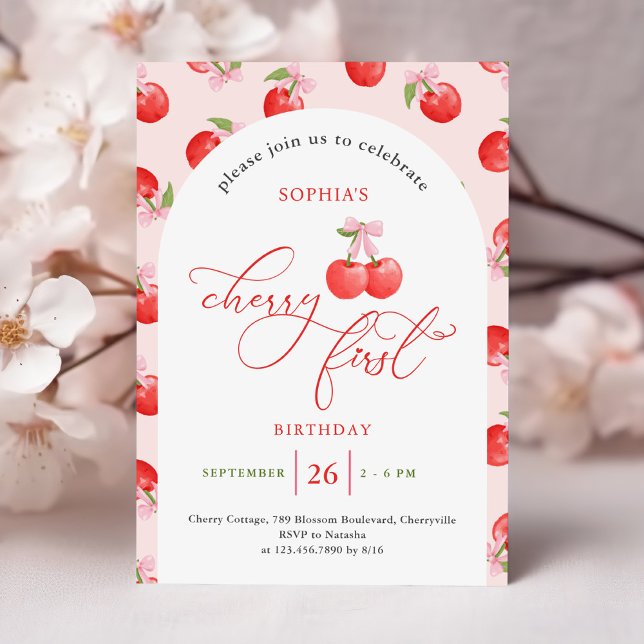 Invitación Watercolor Bow Cherry Primer Cumpleaños (Subido por el creador)