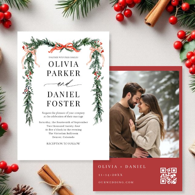 Invitación Watercolor Bow Christmas Photo QR Code Wedding (Subido por el creador)