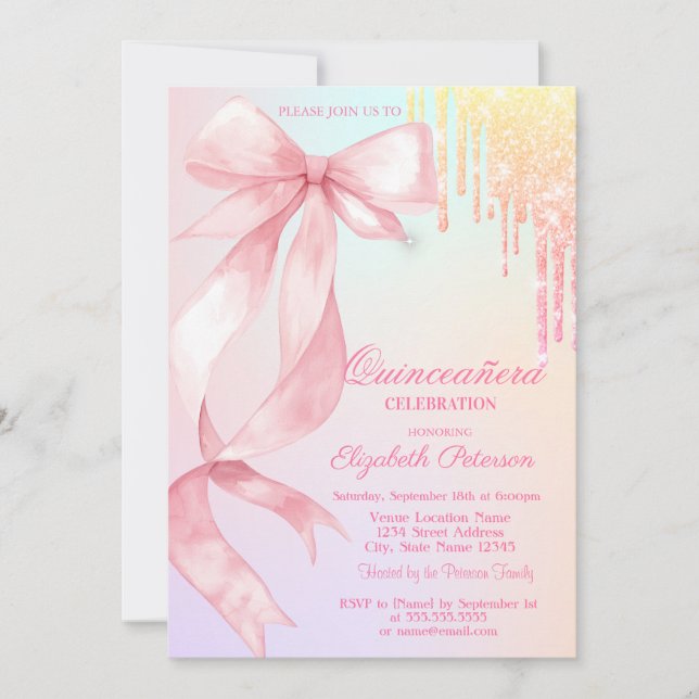 Invitación Watercolor Bow Glitter Drips Colorful Quinceañera (Anverso)