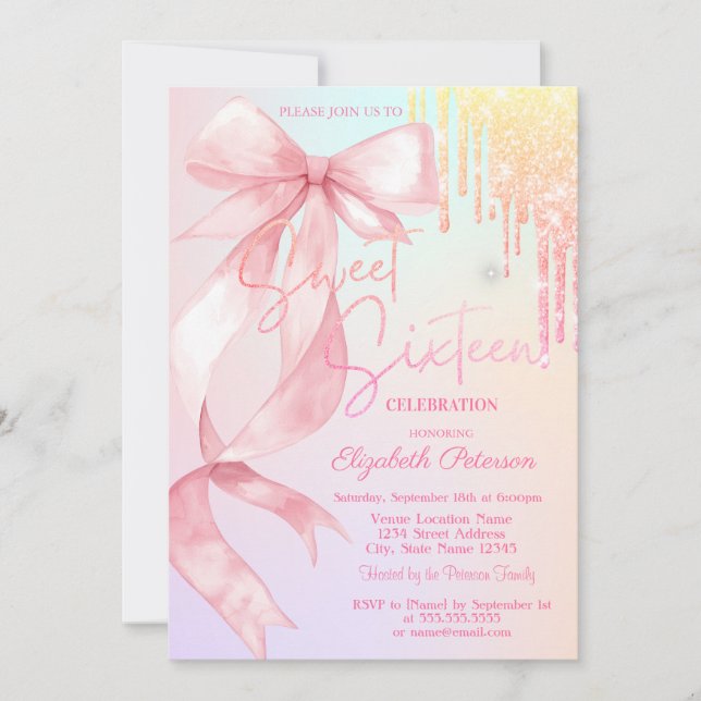 Invitación Watercolor Bow Glitter Drips Colorful Sweet 16   (Anverso)