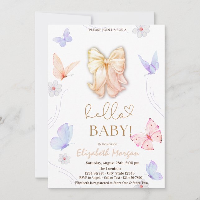 Invitación Watercolor Bow Mariposas Polk Doks Baby Shower (Anverso)