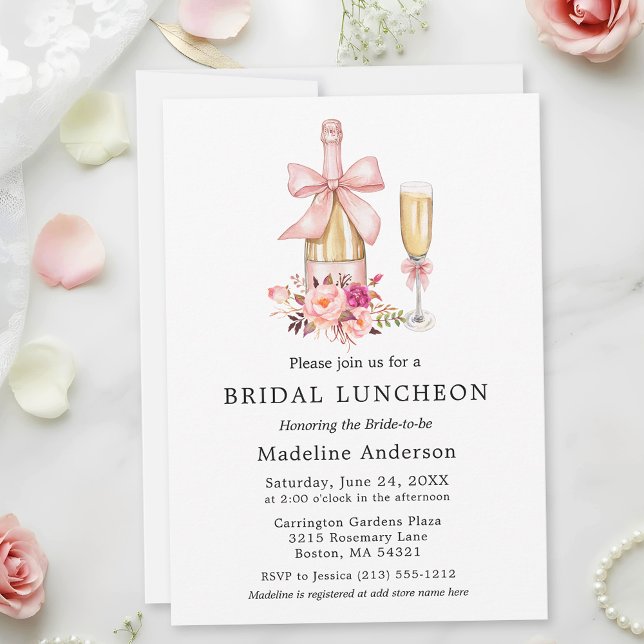 Invitación Watercolor Bow Pink Roses Bridal Luncheon (Customize to add more text to back of card.)