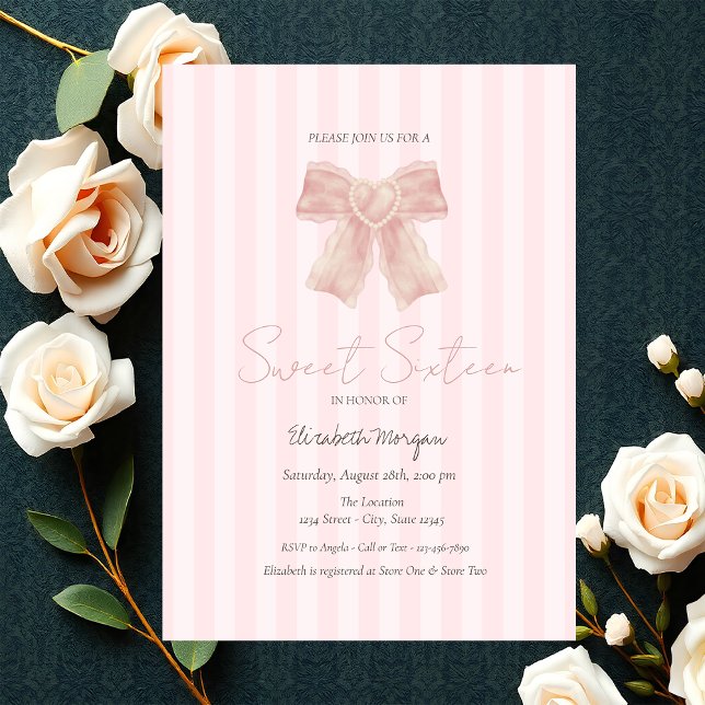 Invitación Watercolor Bow Rosa Sweet Striped 16 (Subido por el creador)