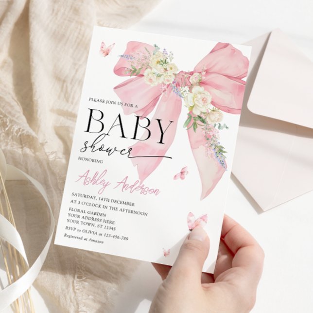 Invitación Watercolor Bow rosa y Baby Shower floral (Subido por el creador)