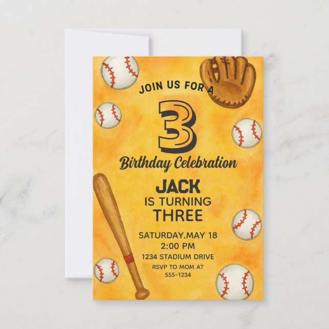 Invitación Watercolor Boy Baseball Birday Party (Anverso)