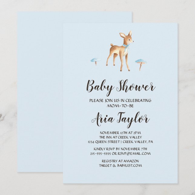 Invitación Watercolor Boy Deer con hongos Baby Shower (Anverso / Reverso)