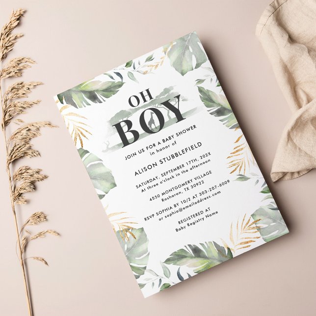 Invitación Watercolor Boy Palm Giraffe Safari Baby Shower (Oh Boy Safari Watercolor Baby Shower Invitation)