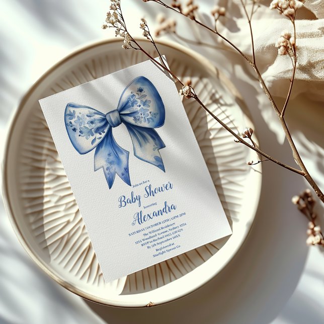 Invitación Watercolor Boy Ribbon Dusty Blue Bow (Subido por el creador)