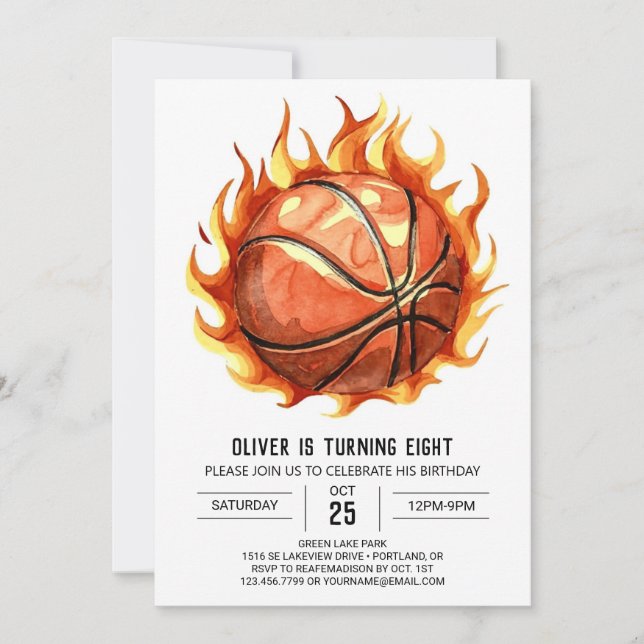 Invitación Watercolor Boy Whimsical Basketball Birday (Anverso)
